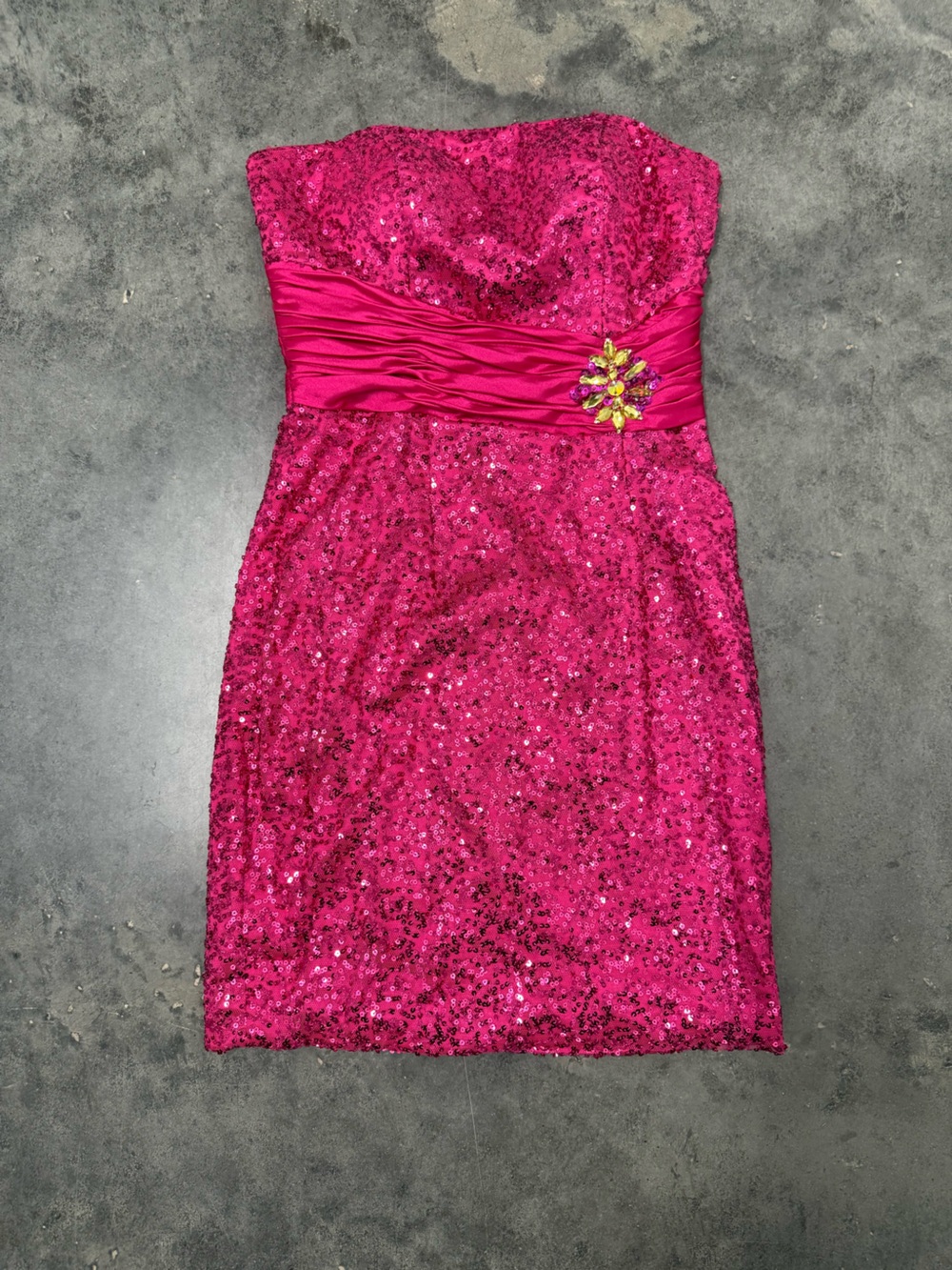 Hot Pink Sequin Strapless Dress with Jeweled Accent